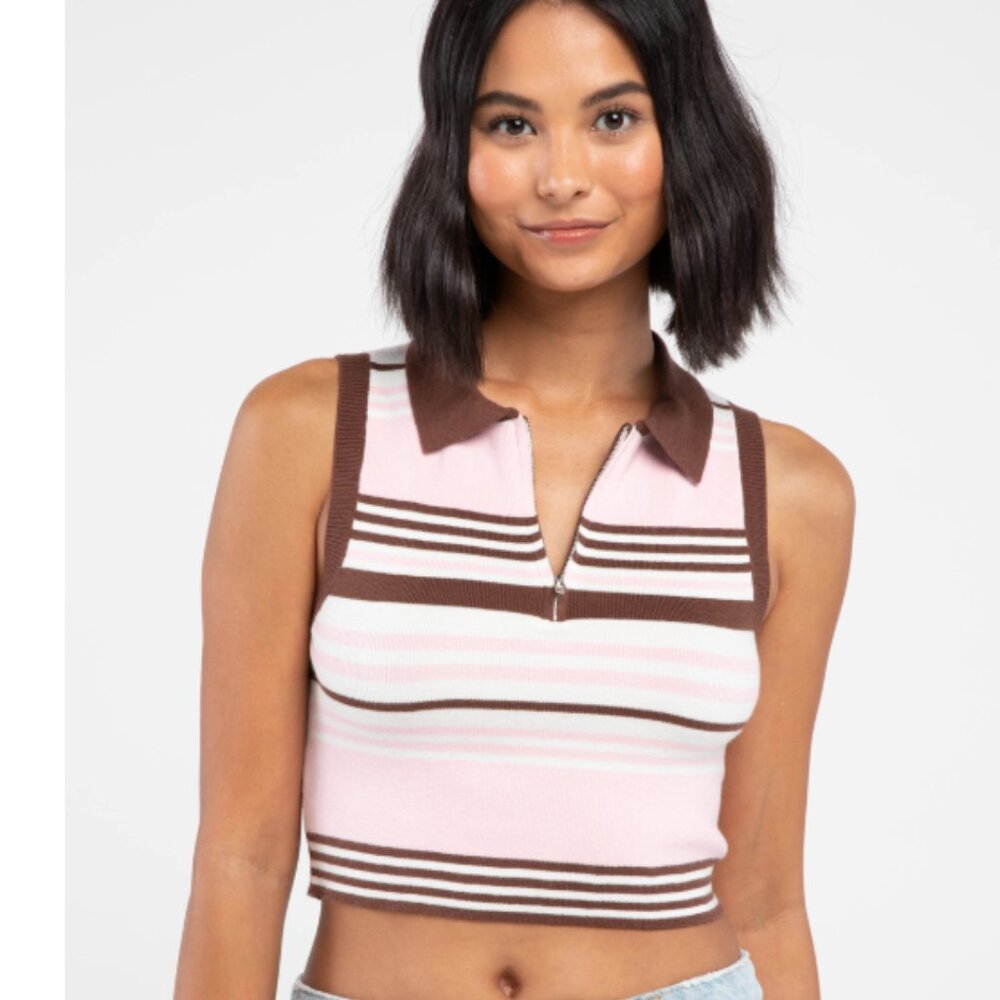 Y2K Full Tilt Polo Crop Top Pink Brown Zip Collar Shirt Tennis Prep Knit Vest